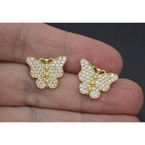 Real 10K Solid Yellow Gold 17.5mm Women Butterfly Pavé CZ Stud Earrings 3.4gr